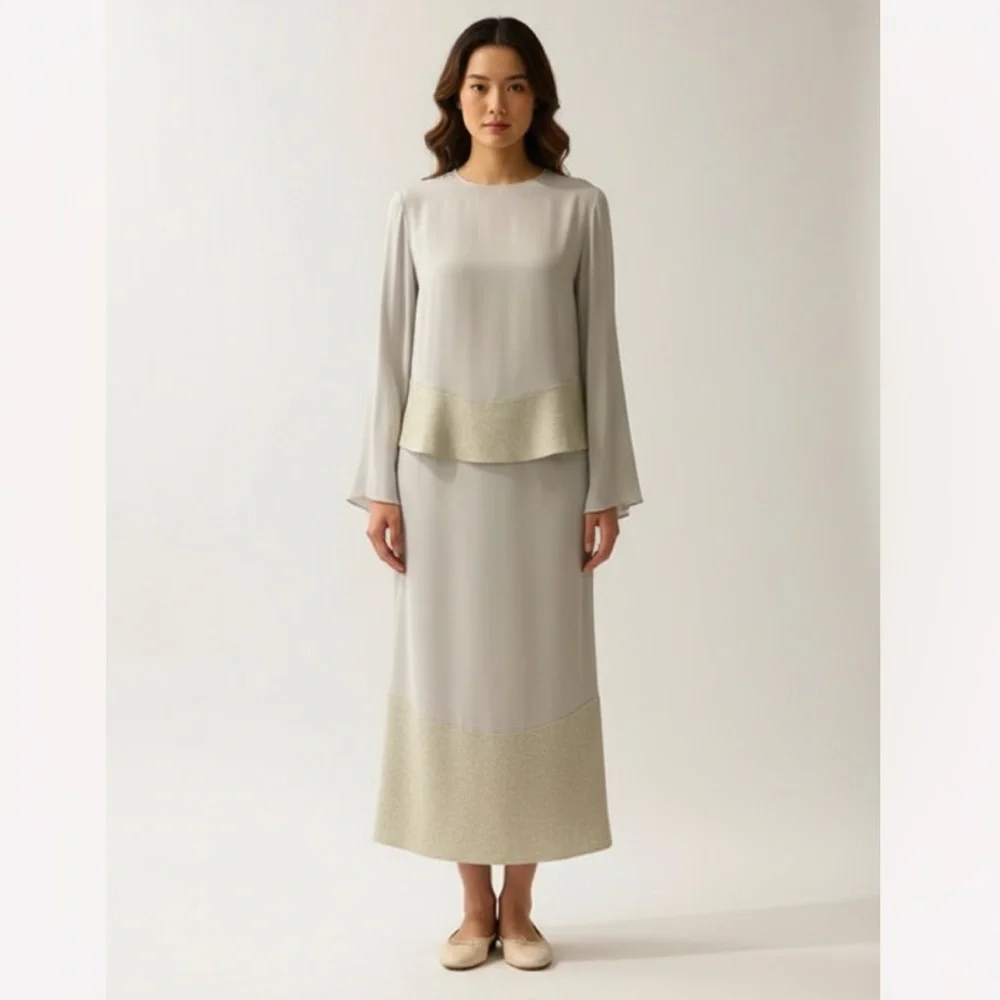 Stunning 100% Silk Light Grey JOSEPH Blouse w/ Wool Felt Detailing‎